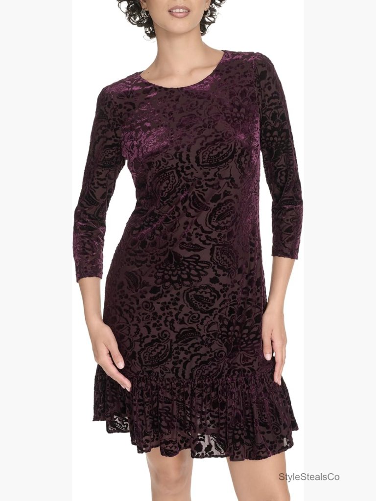 3/4 Sleeve Crew Neck Double Ruffle Hem Velvet Burnout Shift Mini Dress